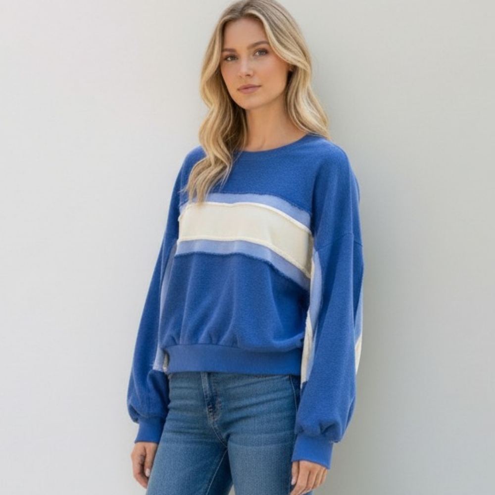 Oversized Baggy Listicle French Terry Sweatshirt Size SMALL Blue White